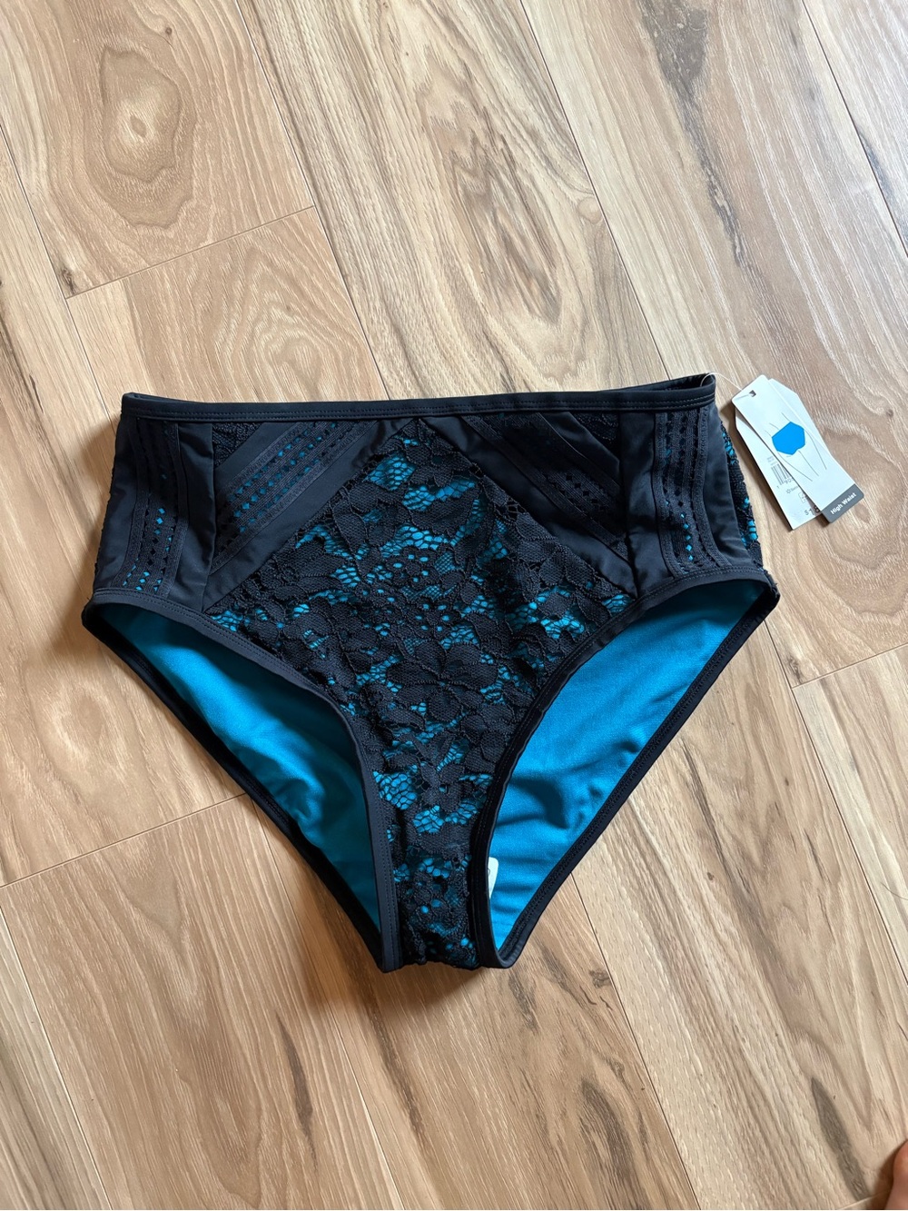 Time and Tru Black Lace High-Waist Swim Bottom with Teal Lining